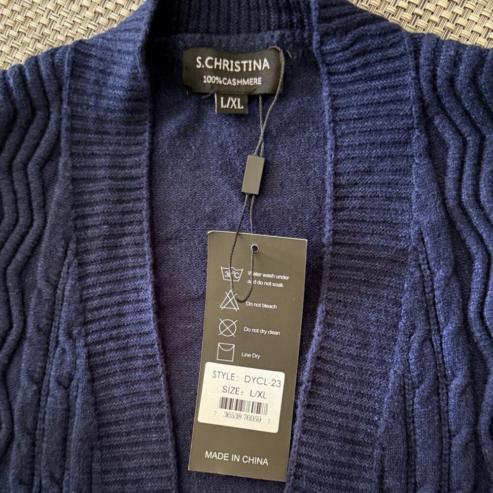 S. CHRISTINA NWT 100% Cashmere Cableknit Open Cardigan Sweater Nautical  L/XL - Picture 2 of 4